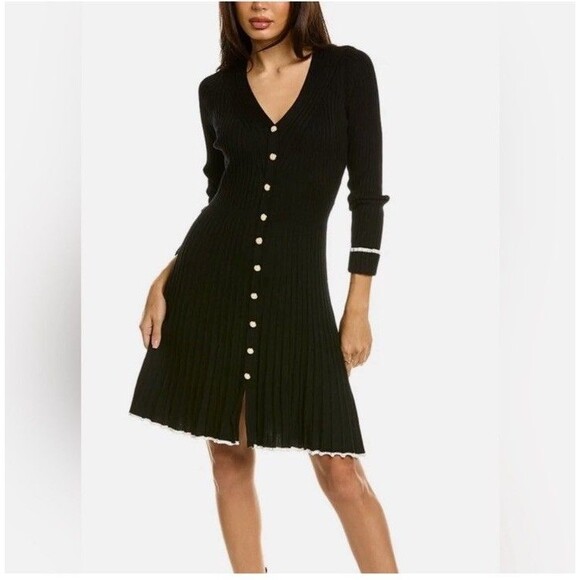 TAYLOR Size L Ribbed Fit &Flare Sweater Dress Black /White Trim Pearl Button Nwt - Picture 1 of 16